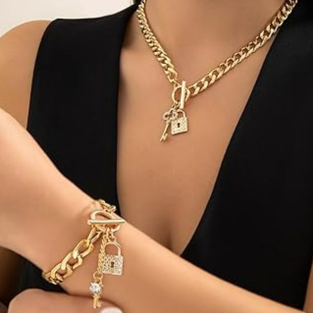 Gold Cuban Link Necklace Bracelet Set Dainty Lock Key Chain Choker Toggle